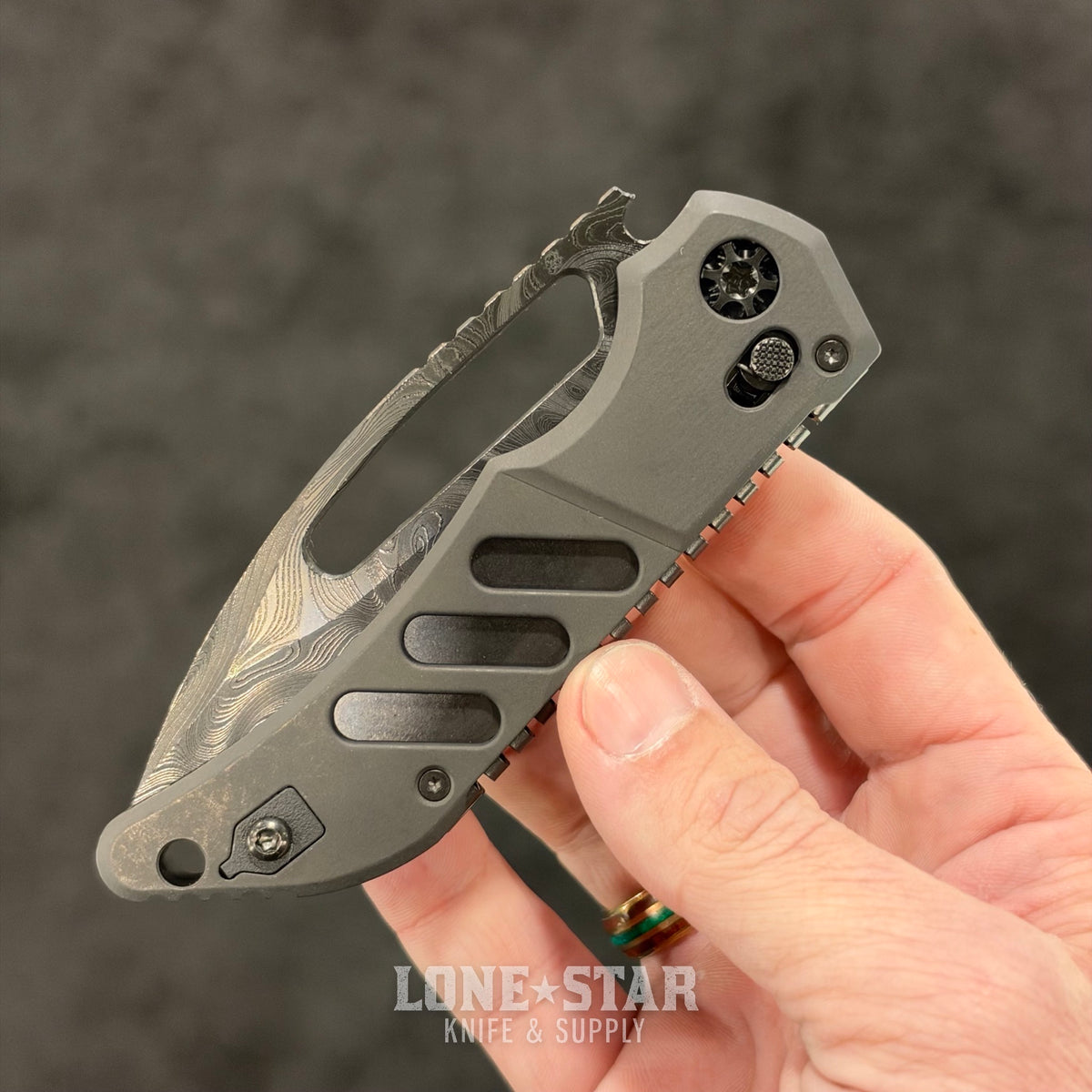 Heretic Custom Koschei, Chad Nichols Wavepool Damascus, DLC Titanium Scales, Crossbar Lock - Made in USA (BSW26-002)