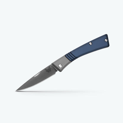 Benchmade Successor™ Slip-Joint Knife – Crater Blue & Ash Gray Aluminum, Satin M390 Drop-Point Blade, Leather Sheath – Made in USA (315)