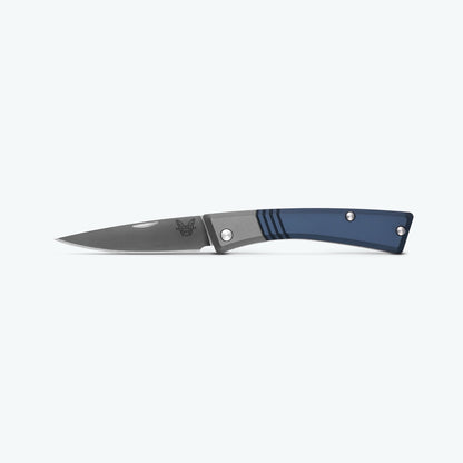 Benchmade Successor™ Slip-Joint Knife – Crater Blue & Ash Gray Aluminum, Satin M390 Drop-Point Blade, Leather Sheath – Made in USA (315)