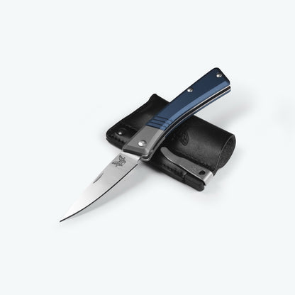 Benchmade Successor™ Slip-Joint Knife – Crater Blue & Ash Gray Aluminum, Satin M390 Drop-Point Blade, Leather Sheath – Made in USA (315)