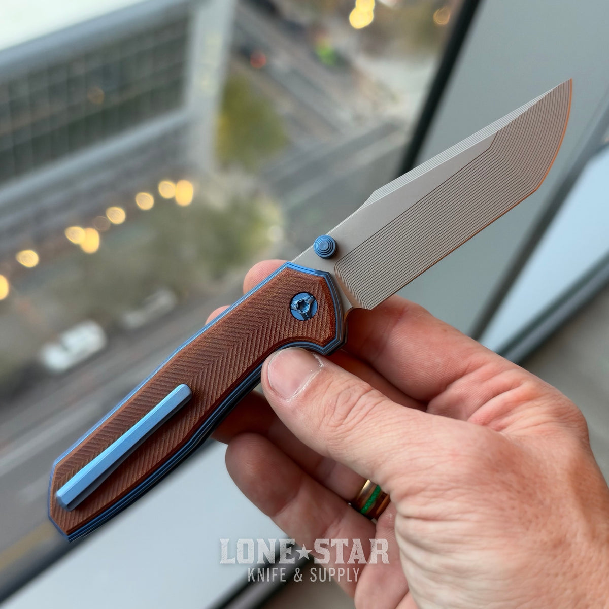 NCC Ragnahawk V4 - 3.3" S45VN Harpoon Tanto, Cracked Ice Blue Frame, Vintage WW2 Linen Micarta, Hawk Lock - Made in USA (S/N 25)