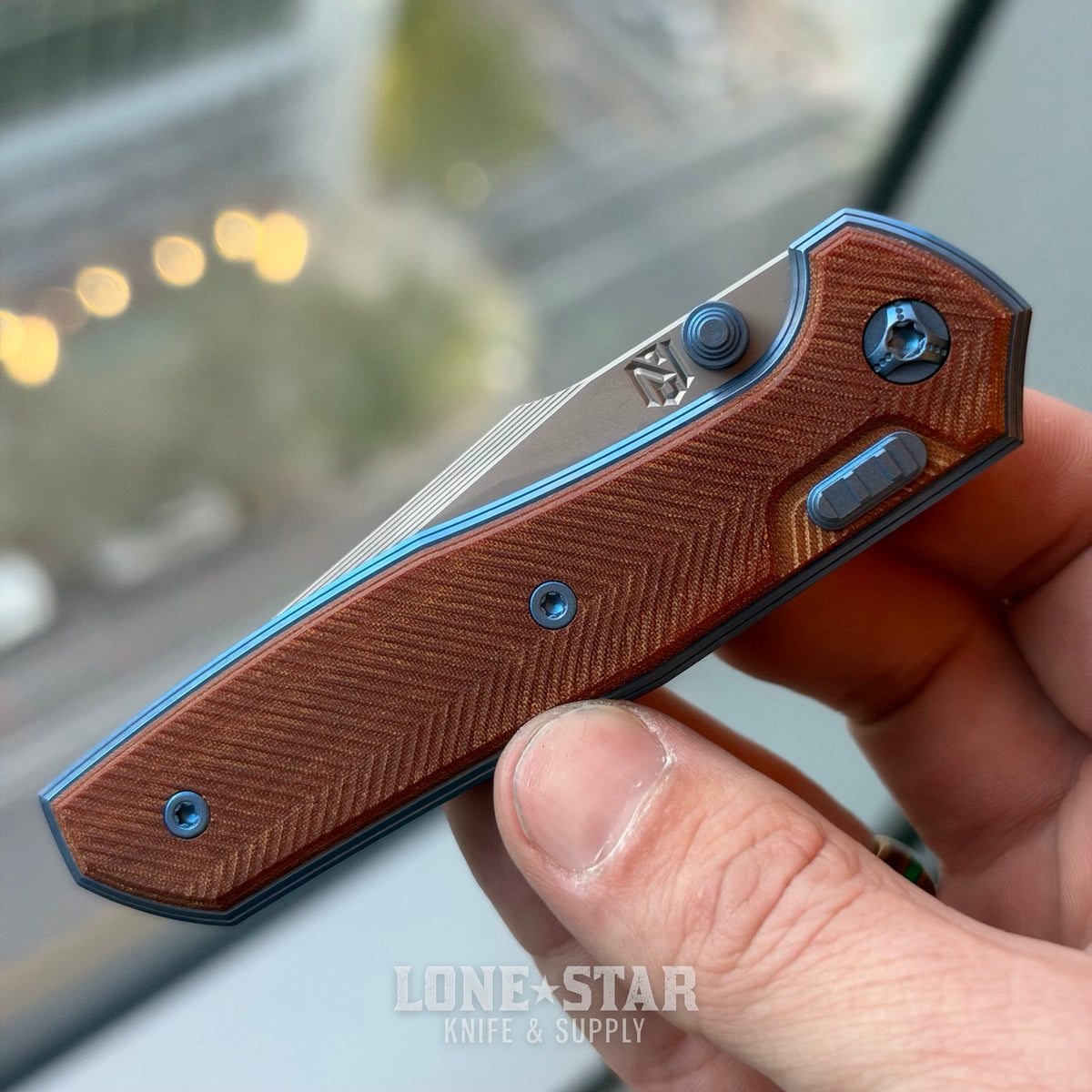 NCC Ragnahawk V4 - 3.3" S45VN Harpoon Tanto, Cracked Ice Blue Frame, Vintage WW2 Linen Micarta, Hawk Lock - Made in USA (S/N 25)