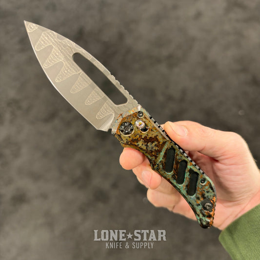 Heretic Custom Koschei, Vegas Forge Reptilian Damascus, Antiqued Copper Scales, Abalone Button, Crossbar Lock - Made in USA (BSW26-001)
