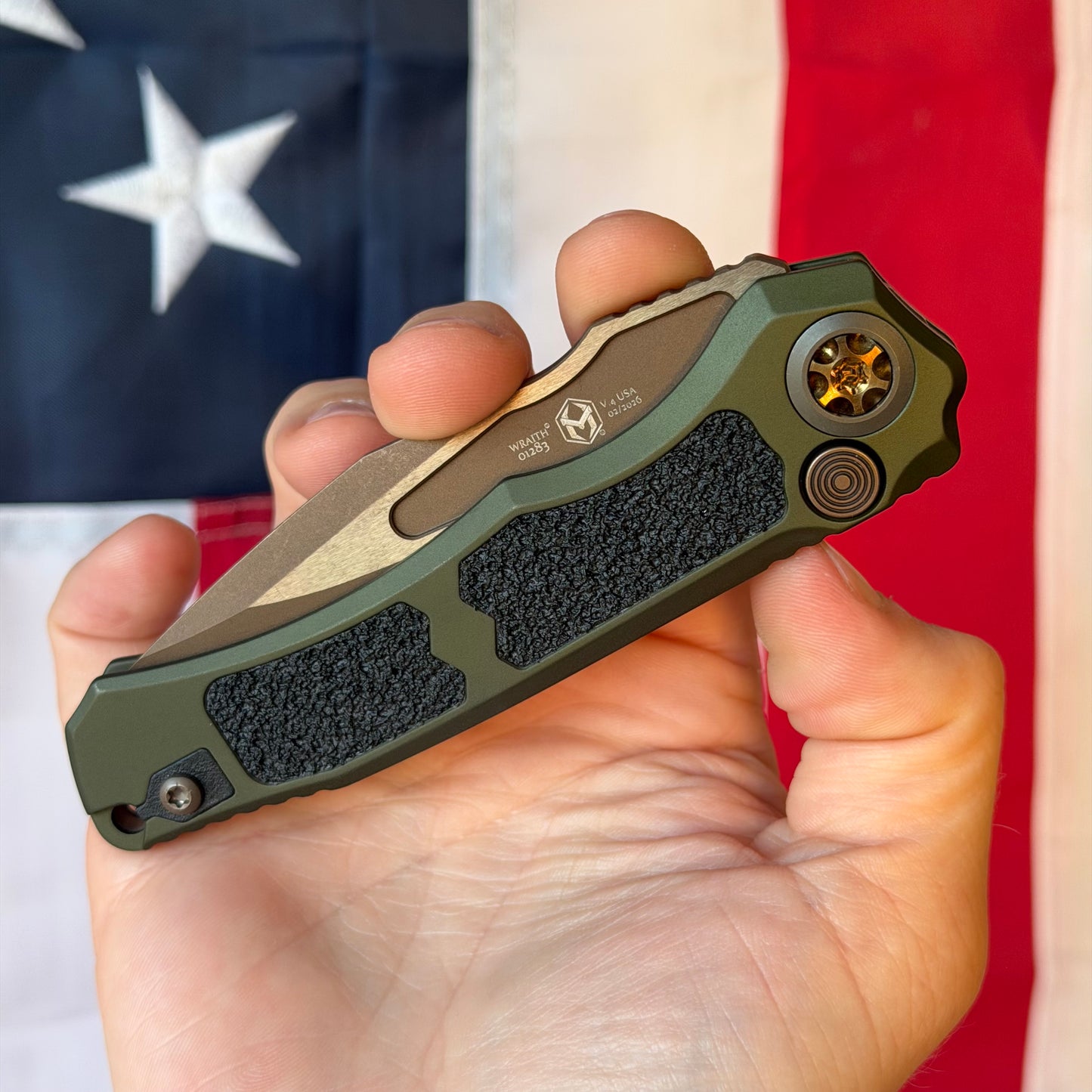 Heretic Wraith SE Automatic Knife – 3.5″ MagnaCut Blade, Bronze with OD Green Chassis – Made in USA (H000-7A-GRN)