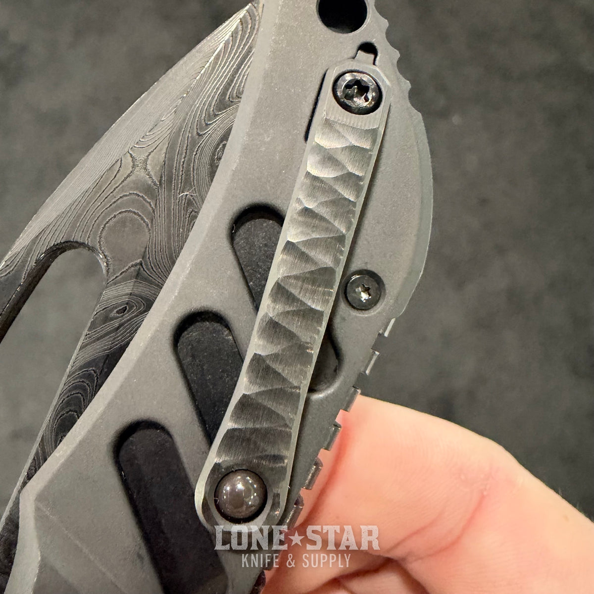 Heretic Custom Koschei, Chad Nichols Wavepool Damascus, DLC Titanium Scales, Crossbar Lock - Made in USA (BSW26-002)