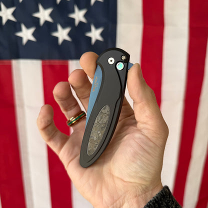 Pro-Tech Cambria 2 Denim PVD MagnaCut Automatic Knife, 3.5 inch Blade, Black Aluminum with TechnoCarbo Inlay, Abalone Button, Made in USA (CF2103-LTD DENIM TC)