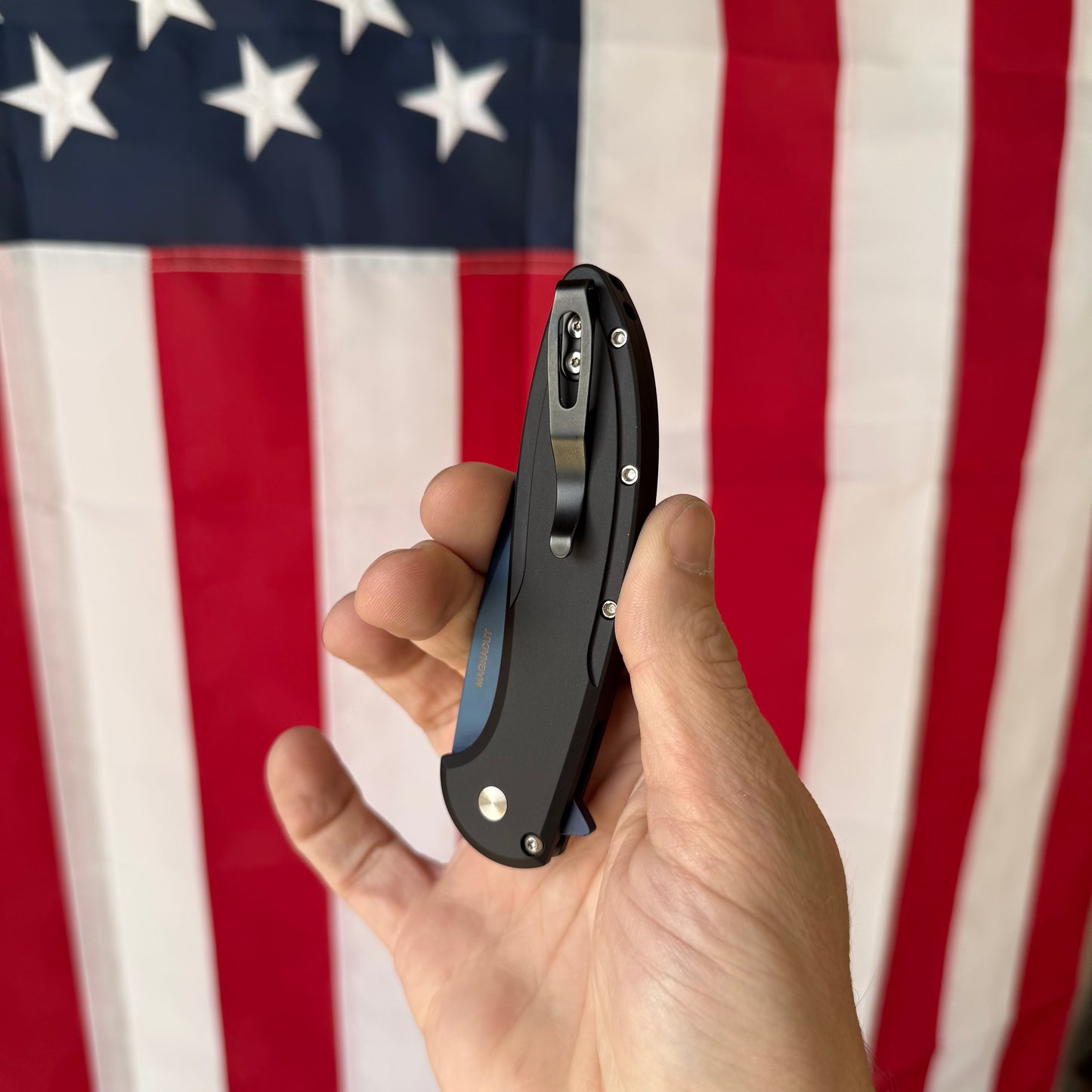 Pro-Tech Cambria 2 Denim PVD MagnaCut Automatic Knife, 3.5 inch Blade, Black Aluminum with TechnoCarbo Inlay, Abalone Button, Made in USA (CF2103-LTD DENIM TC)