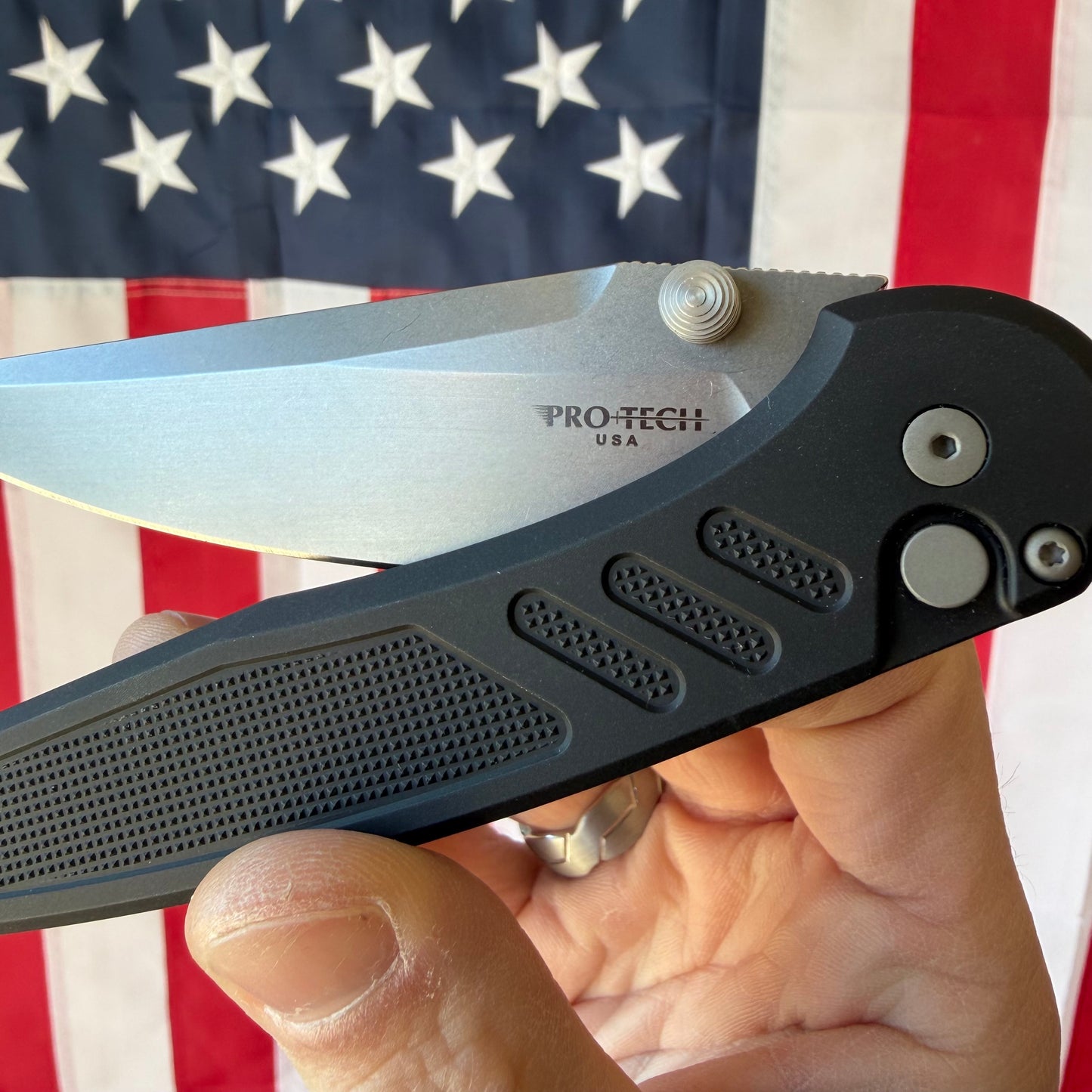 Pro-Tech Avalon Thumb Stud Knife – Black Aluminum Handle, Stonewash MagnaCut Blade – Made in USA (PN1101)