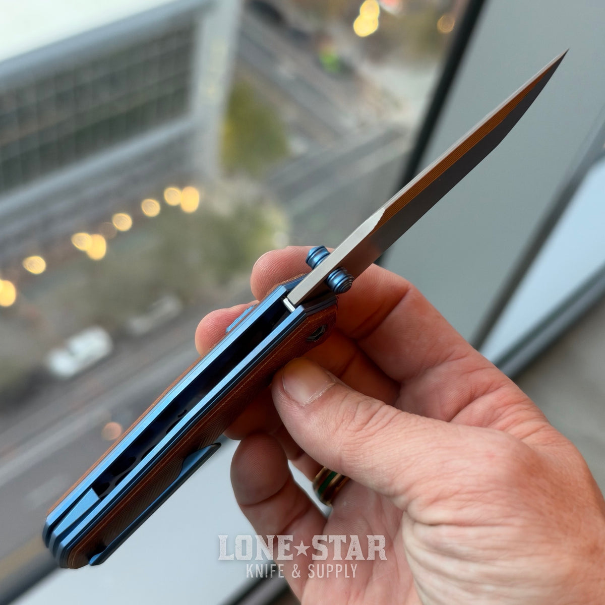 NCC Ragnahawk V4 - 3.3" S45VN Harpoon Tanto, Cracked Ice Blue Frame, Vintage WW2 Linen Micarta, Hawk Lock - Made in USA (S/N 25)