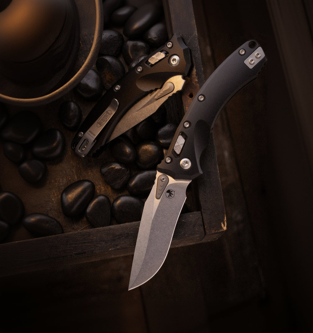 Microtech Amphibian Mini Ram-Lok 3.25" – Black Aluminum, M390MK Apocalyptic – Made in USA (137MRL-10AP)