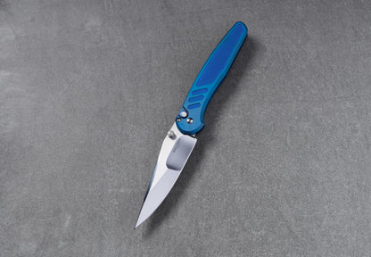 Pro-Tech Avalon Custom 011, Peace Neighbor Design, 4.25" Mike Irie Mirror Polished 154CM, Sapphire Blue PVD Knurled Steel, CCKS Fall 2026 - Made in USA (2026 Avalon Custom 011)