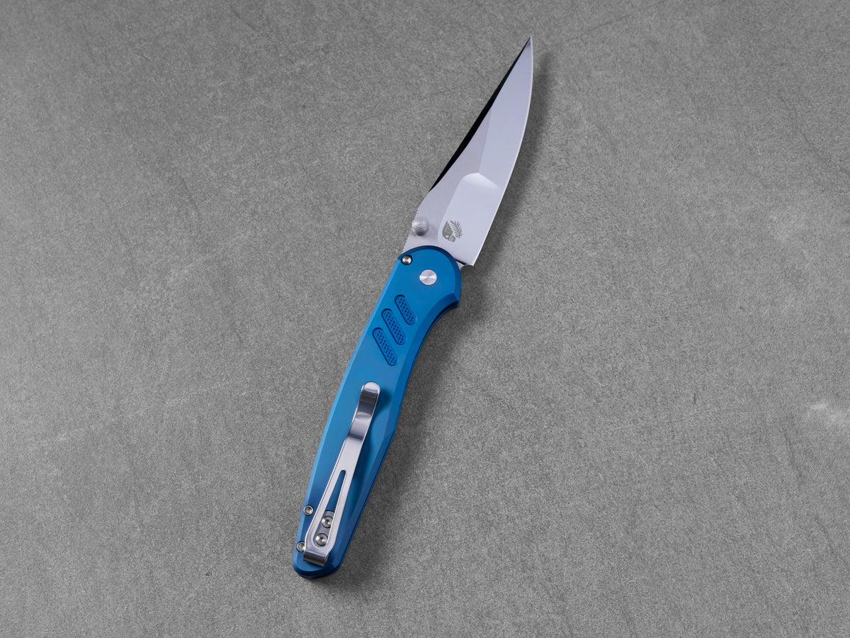 Pro-Tech Avalon Custom 011, Peace Neighbor Design, 4.25" Mike Irie Mirror Polished 154CM, Sapphire Blue PVD Knurled Steel, CCKS Fall 2026 - Made in USA (2026 Avalon Custom 011)
