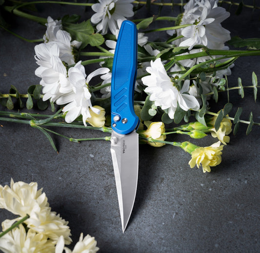 Pro-Tech Avalon 4.25" Knife – Blue Knurled Aluminum, MagnaCut, Button Lock – Made in USA (PN1100-LTD Blue)