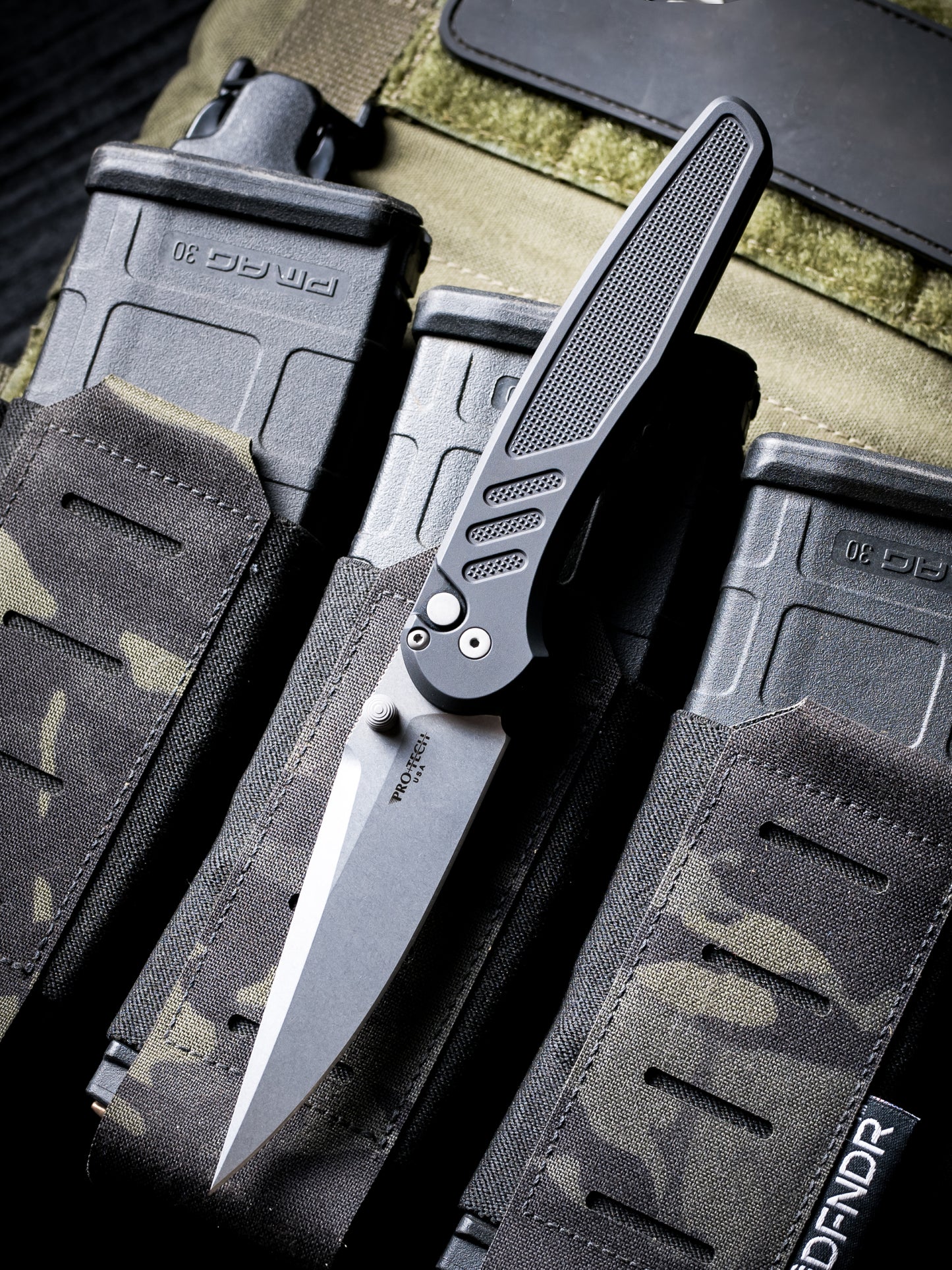 Pro-Tech Avalon Thumb Stud Knife – Black Aluminum Handle, Stonewash MagnaCut Blade – Made in USA (PN1101)