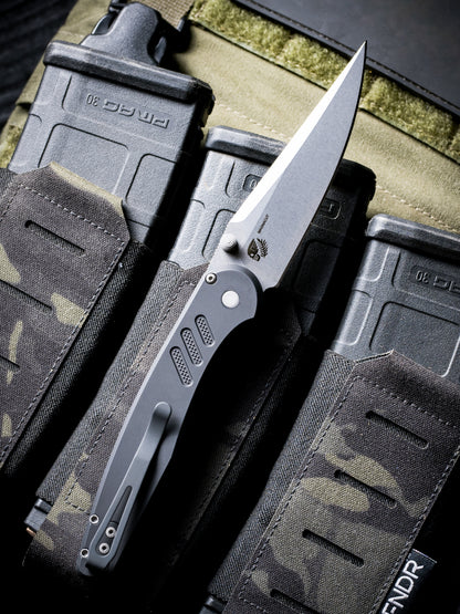 Pro-Tech Avalon Thumb Stud Knife – Black Aluminum Handle, Stonewash MagnaCut Blade – Made in USA (PN1101)