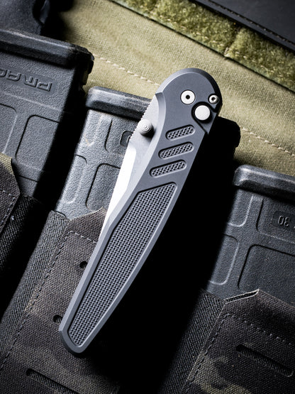 Pro-Tech Avalon Thumb Stud Knife – Black Aluminum Handle, Stonewash MagnaCut Blade – Made in USA (PN1101)
