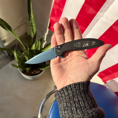 Pro-Tech Cambria 2 Denim PVD MagnaCut Automatic Knife, 3.5 inch Blade, Black Aluminum with TechnoCarbo Inlay, Abalone Button, Made in USA (CF2103-LTD DENIM TC)