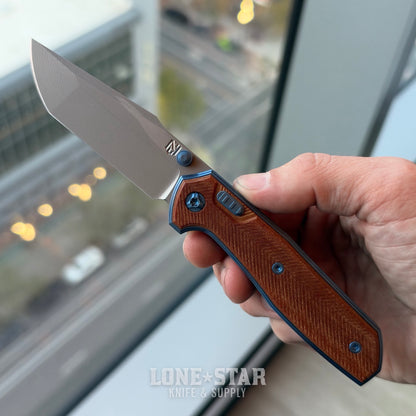 NCC Ragnahawk V4 - 3.3" S45VN Harpoon Tanto, Cracked Ice Blue Frame, Vintage WW2 Linen Micarta, Hawk Lock - Made in USA (S/N 25)