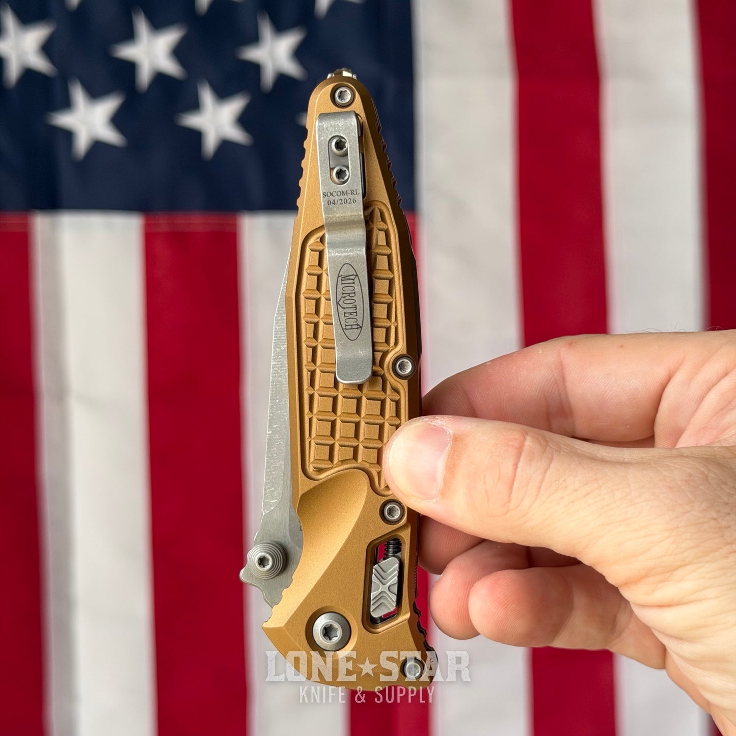 The Back Door: Microtech Socom Elite RAM-LOK Folding Knife - Tan Frag Aluminum, 3.98" M390MK Apocalyptic Single Edge - Made in USA (160RL-10APFRTA) (Trade In)