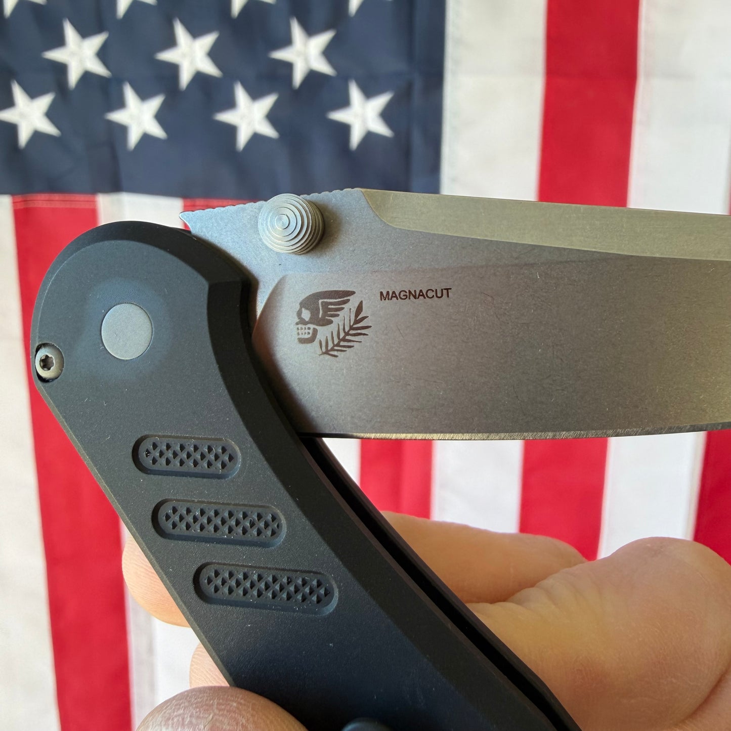 Pro-Tech Avalon Thumb Stud Knife – Black Aluminum Handle, Stonewash MagnaCut Blade – Made in USA (PN1101)