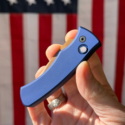 Pro-Tech Duke 2 Heritage Automatic Knife – Navy Aluminum Handle, Tan PVD MagnaCut Blade, 2.7″ – Made in USA (DUKE2103-LTD)