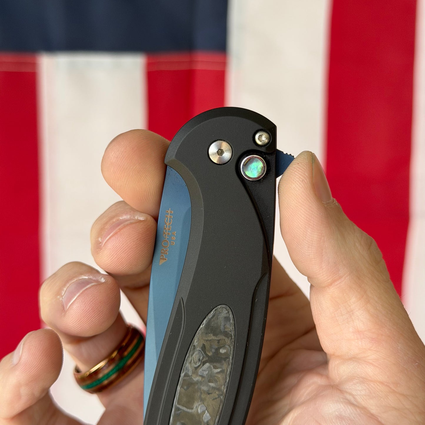 Pro-Tech Cambria 2 Denim PVD MagnaCut Automatic Knife, 3.5 inch Blade, Black Aluminum with TechnoCarbo Inlay, Abalone Button, Made in USA (CF2103-LTD DENIM TC)