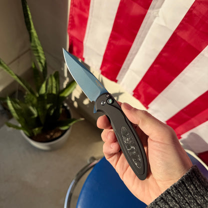 Pro-Tech Cambria 2 Denim PVD MagnaCut Automatic Knife, 3.5 inch Blade, Black Aluminum with TechnoCarbo Inlay, Abalone Button, Made in USA (CF2103-LTD DENIM TC)