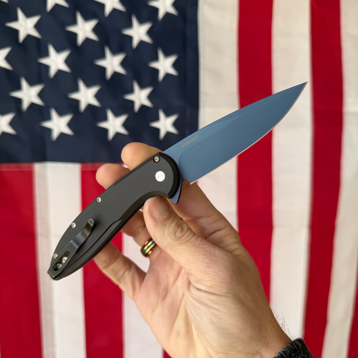Pro-Tech Cambria 2 Denim PVD MagnaCut Automatic Knife, 3.5 inch Blade, Black Aluminum with TechnoCarbo Inlay, Abalone Button, Made in USA (CF2103-LTD DENIM TC)