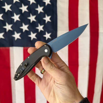 Pro-Tech Cambria 2 Denim PVD MagnaCut Automatic Knife, 3.5 inch Blade, Black Aluminum with TechnoCarbo Inlay, Abalone Button, Made in USA (CF2103-LTD DENIM TC)