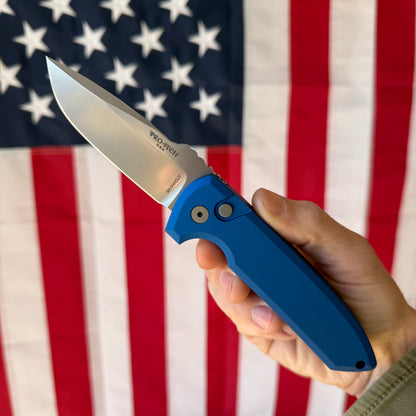 The Back Door: Pro-Tech Rockeye Automatic Knife – Blue Aluminum Handle, Stonewash MagnaCut Blade – Made in USA (LG3101-Blue) (Blemish)