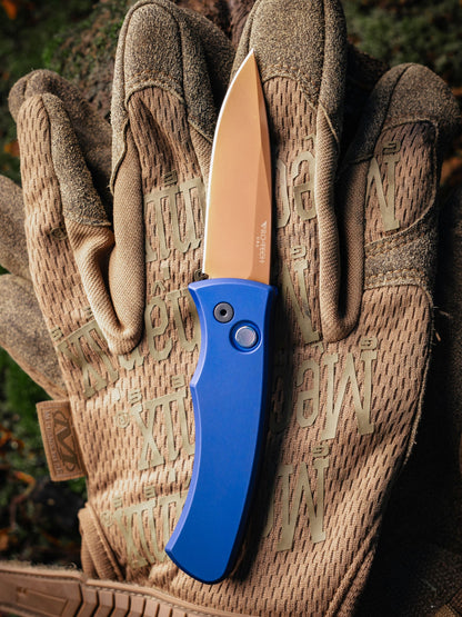 Pro-Tech Duke 2 Heritage Automatic Knife – Navy Aluminum Handle, Tan PVD MagnaCut Blade, 2.7″ – Made in USA (DUKE2103-LTD)