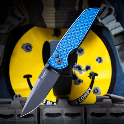 Pro-Tech TR-3 Integrity Manual Knife - Blue Aluminum, 3.5" DLC MagnaCut, Button Lock - Made in USA (INT1106-Blue)