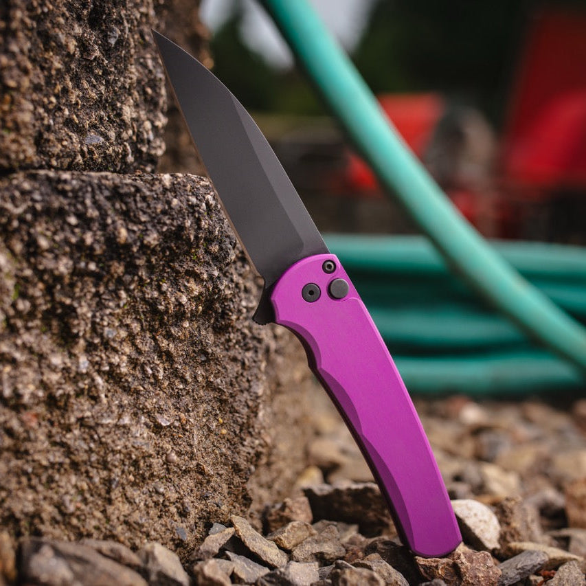 Pro-Tech Malibu Flipper Knife - Purple Aluminum, 3.3" DLC MagnaCut Wharncliffe, Button Lock - Made in USA (5303-Purple)