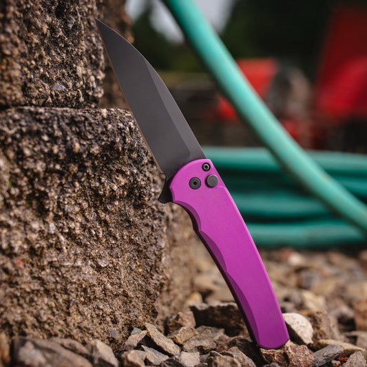 Pro-Tech Malibu Flipper Knife - Purple Aluminum, 3.3" DLC MagnaCut Wharncliffe, Button Lock - Made in USA (5303-Purple)