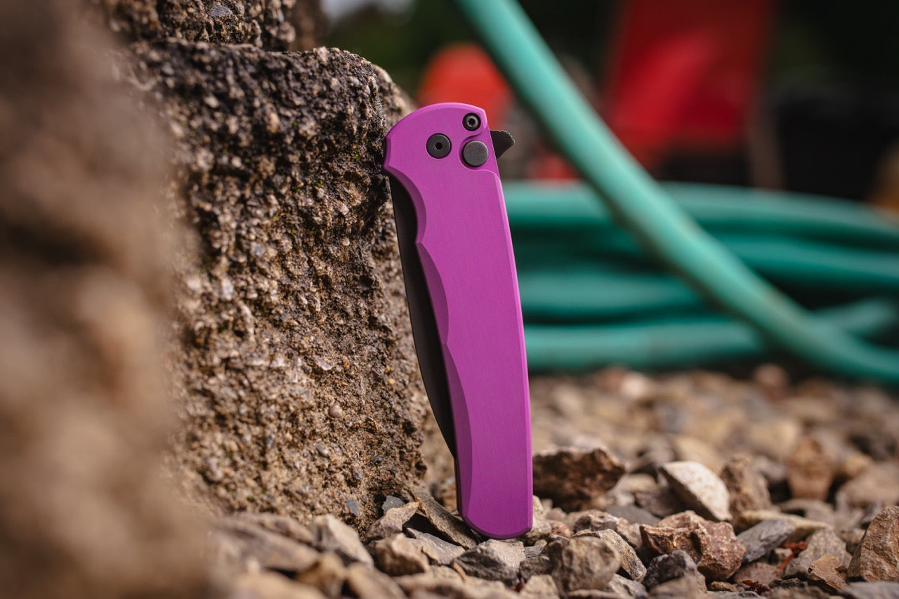 Pro-Tech Malibu Flipper Knife - Purple Aluminum, 3.3" DLC MagnaCut Wharncliffe, Button Lock - Made in USA (5303-Purple)