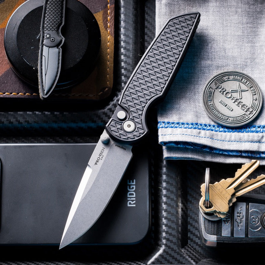 Pro-Tech TR-3 Integrity Manual Knife - Black Aluminum, 3.5" Stonewash MagnaCut, Button Lock - Made in USA (INT1105)