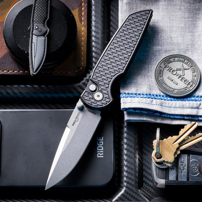 Pro-Tech TR-3 Integrity Manual Knife - Black Aluminum, 3.5" Stonewash MagnaCut, Button Lock - Made in USA (INT1105)