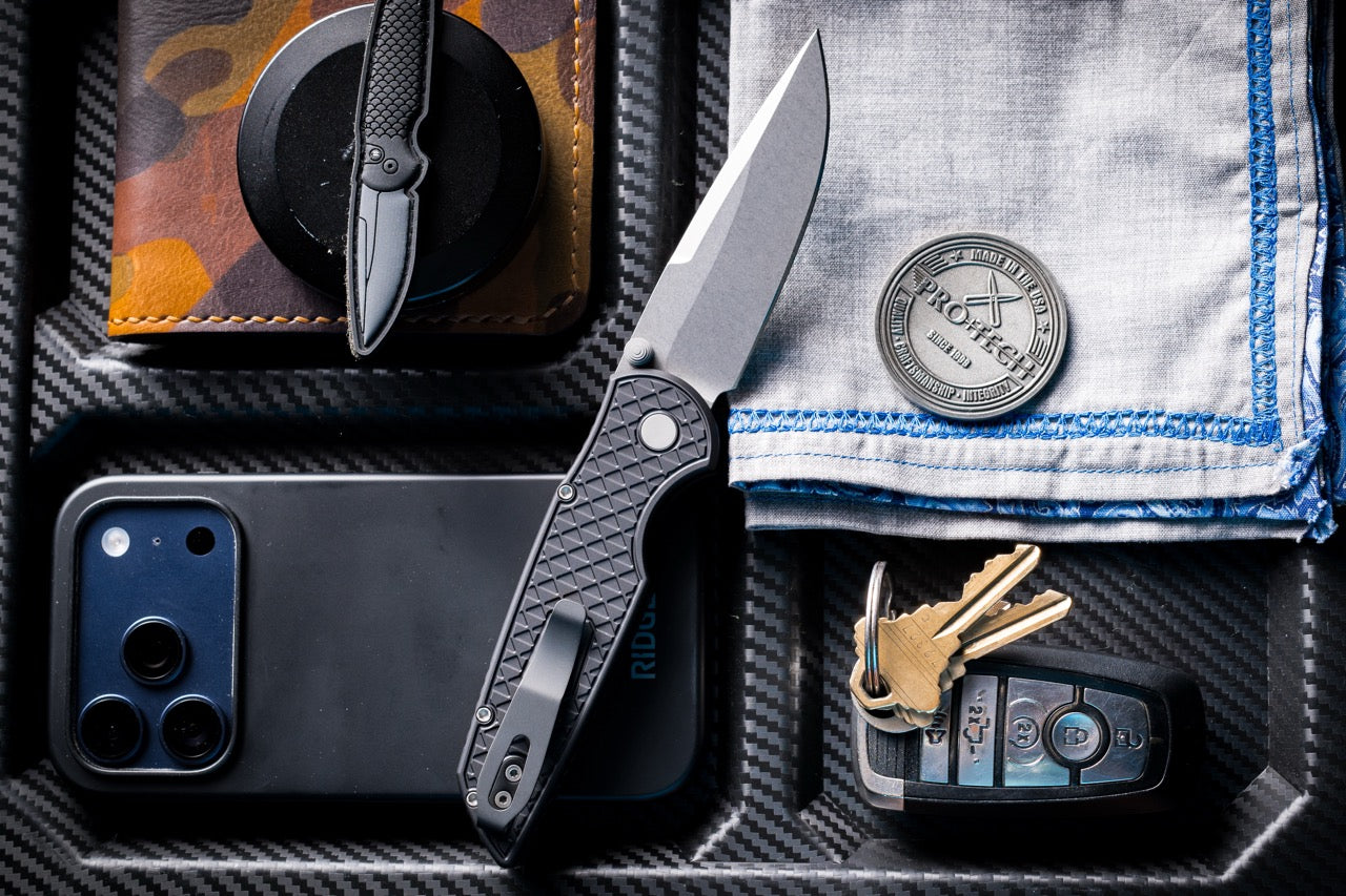 Pro-Tech TR-3 Integrity Manual Knife - Black Aluminum, 3.5" Stonewash MagnaCut, Button Lock - Made in USA (INT1105)