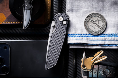 Pro-Tech TR-3 Integrity Manual Knife - Black Aluminum, 3.5" Stonewash MagnaCut, Button Lock - Made in USA (INT1105)