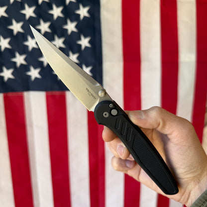 Pro-Tech Avalon Thumb Stud Knife – Black Aluminum Handle, Stonewash MagnaCut Blade – Made in USA (PN1101)