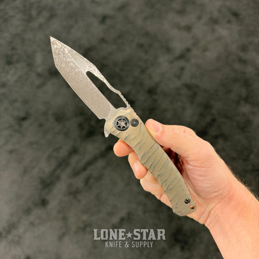 Heretic x John Gray Custom Wraith Manual Tanto, Dark Rain Blade, Barked & Colored Titanium Chassis - Made in USA (BSW26-004)