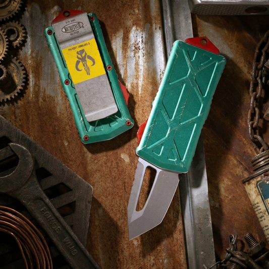 Microtech Exocet Bounty Hunter Knife - 1.98″ Double Edge, Apocalyptic Finish, Green and Red Distressed Handle - California Legal - Made in USA (158-10BH)