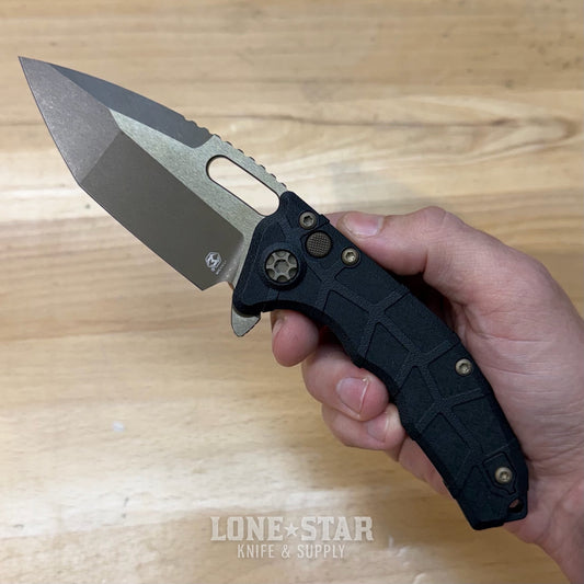 Heretic Martyr Tanto Manual Knife - Black Polymer, 3.5" Bronze MagnaCut Tanto, Button Lock - Made in USA (H057-7A)