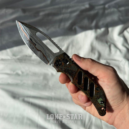 Heretic Koschei Custom Folding Knife - Slotted Copper Chemtina, Baker Forge Stainless Gomai Damascus - Made in USA (OPENHOUSE-KOSCHEI)