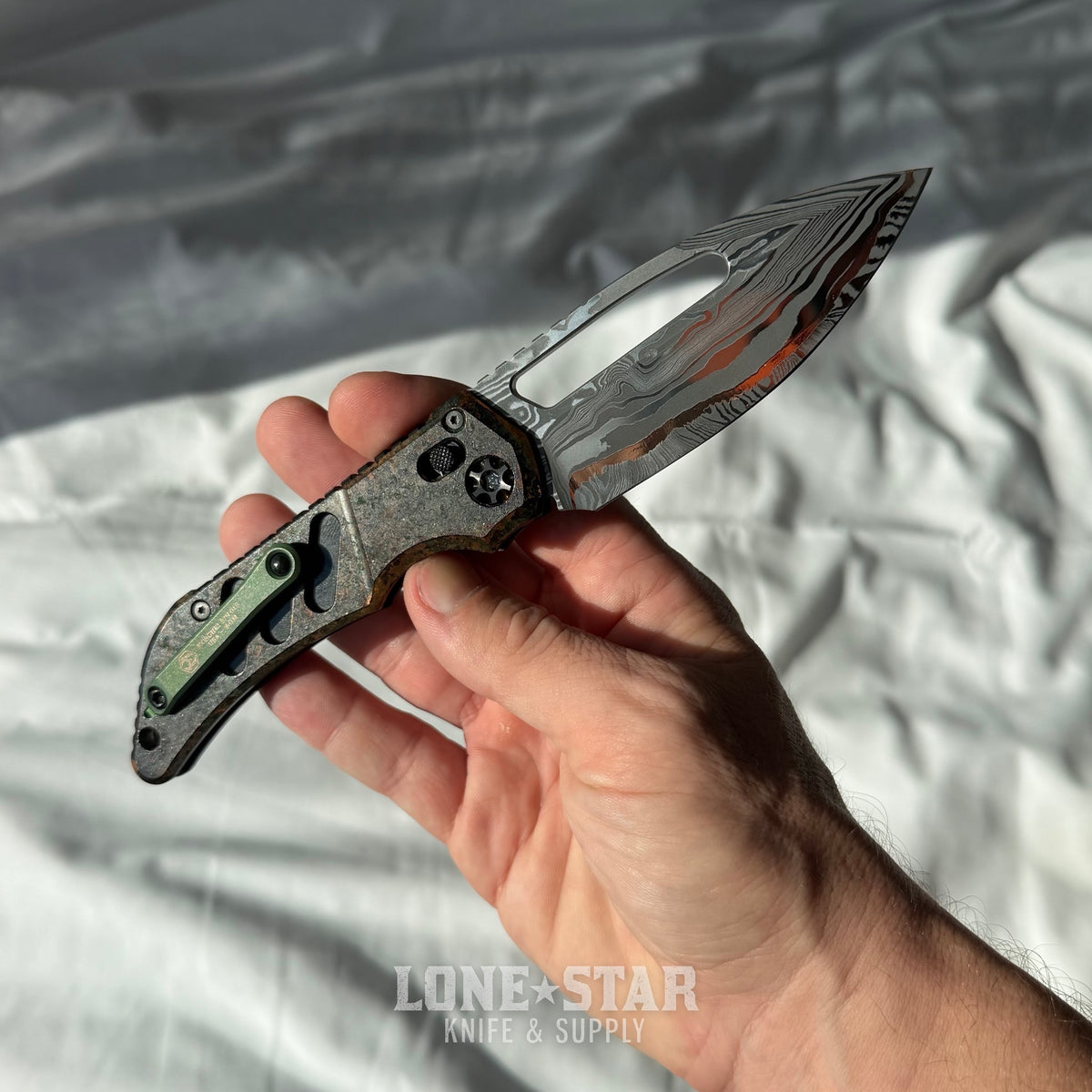 Heretic Koschei Custom Folding Knife - Slotted Copper Chemtina, Baker Forge Stainless Gomai Damascus - Made in USA (OPENHOUSE-KOSCHEI)