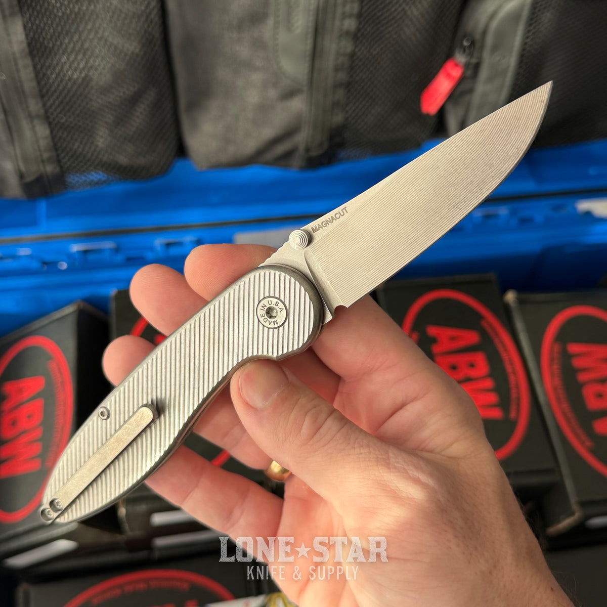 ABW Model 1 Folding Knife - Titanium, 3.25" MagnaCut, Button Lock - Made in USA (ABW-M1-TI-BUTTON)