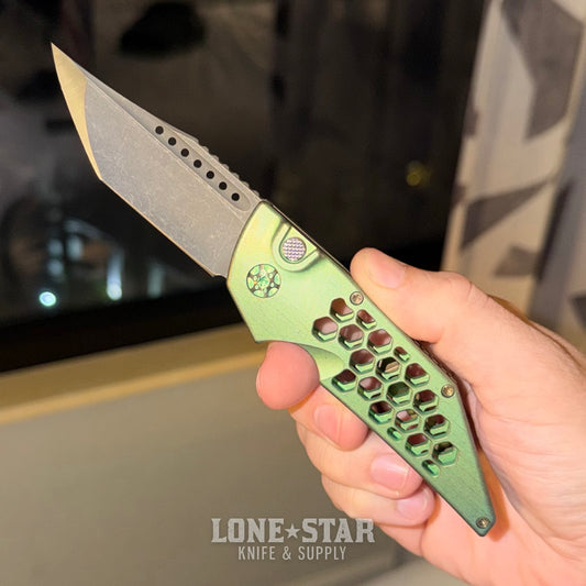 Hypercut MFG Dharma Automatic Serial 0235 - 3.2" S45VN Tanto, Green Honeycomb Titanium - Made in USA (HC-DHARMA-AUTO-0235)