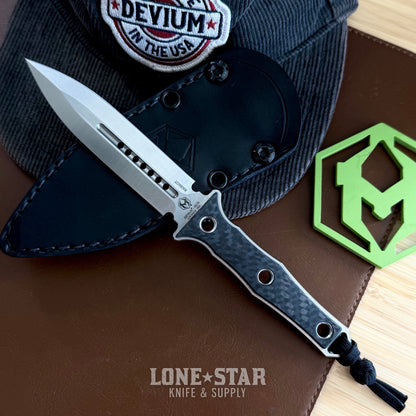 Heretic Mini Nephilim 4" MagnaCut Dagger, Stonewash, Carbon Fiber Scales, JRE Leather Sheath - Made in USA (H069-2A-CF)