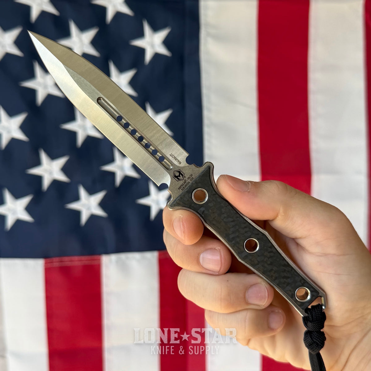 Heretic Mini Nephilim 4" MagnaCut Dagger, Stonewash, Carbon Fiber Scales, JRE Leather Sheath - Made in USA (H069-2A-CF)