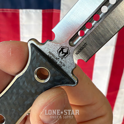 Heretic Mini Nephilim 4" MagnaCut Dagger, Stonewash, Carbon Fiber Scales, JRE Leather Sheath - Made in USA (H069-2A-CF)